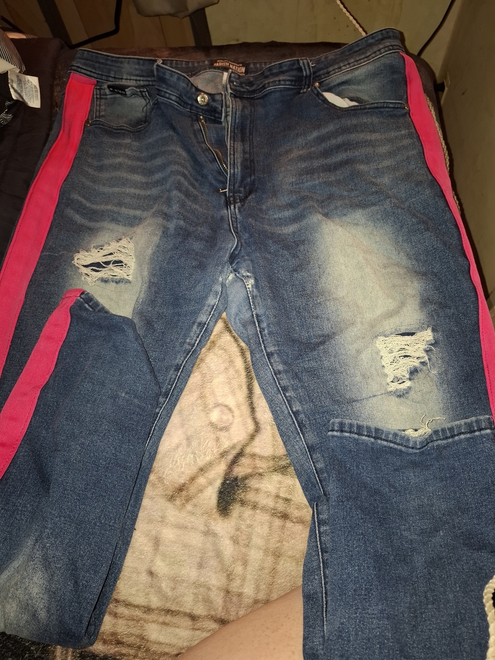 Otherwild Blue Skinny Jeans with Bright Pink Side Stripes